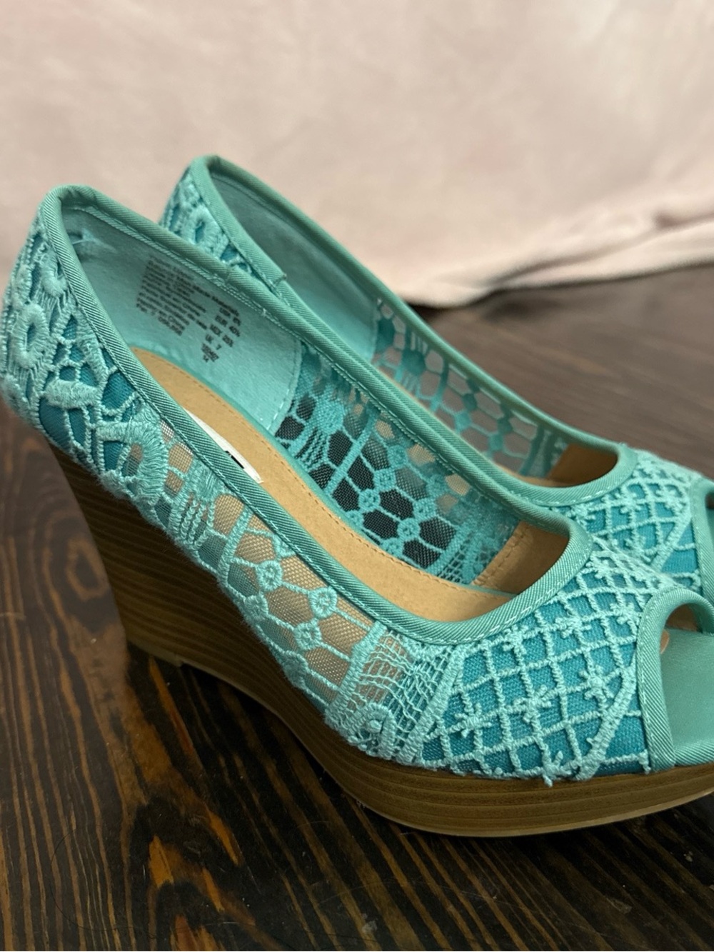 American Eagle Outfitters Turquoise Lace Peep-Toe Wedges